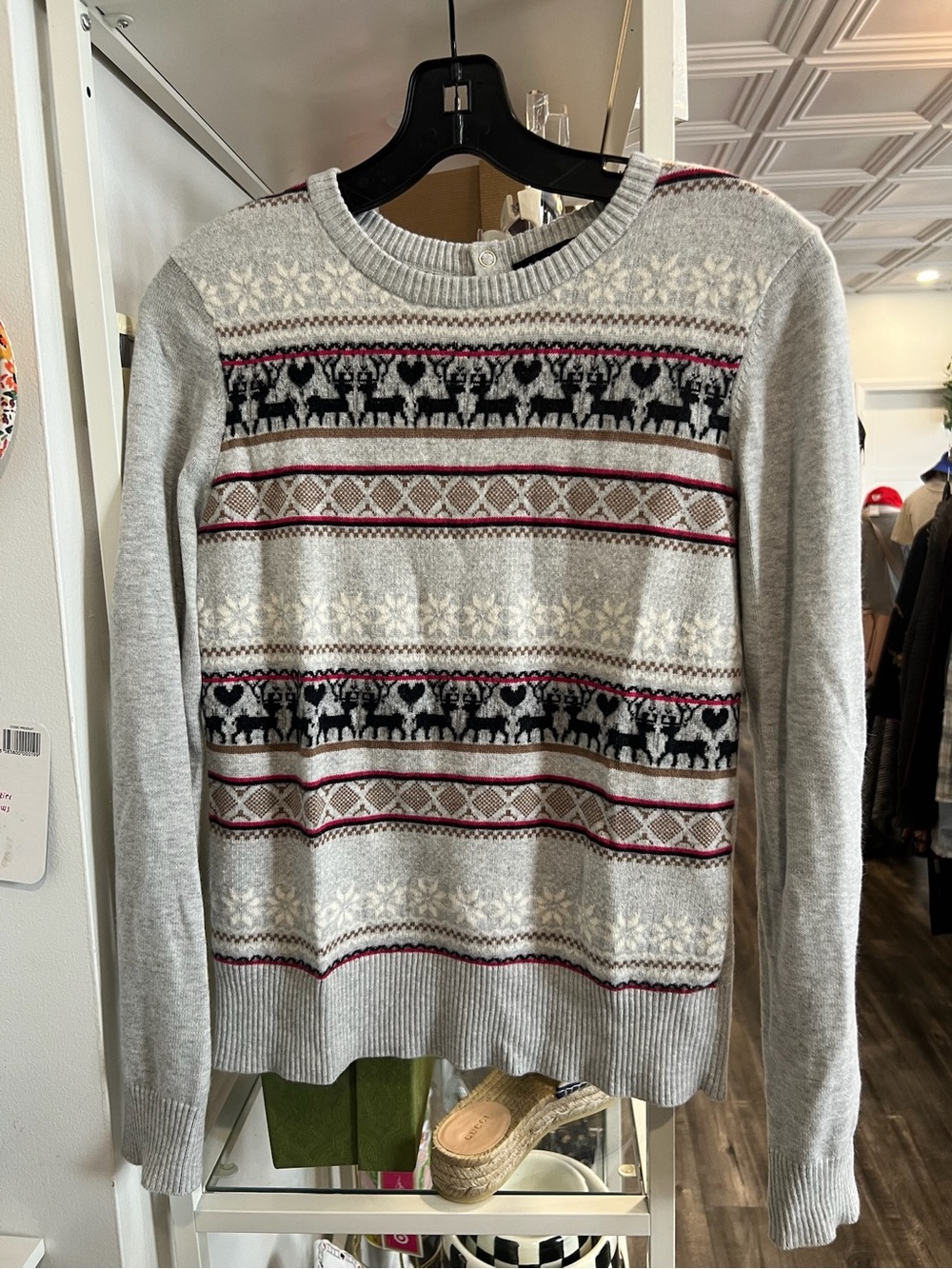 Ted Baker Light Gray Fair Isle Crewneck Sweater with Black and Burgundy Accents